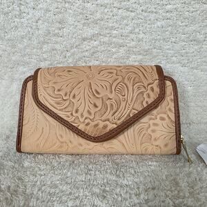 Light Peach Mexican Handmade Floral Embossed Leather Flap Closure Wallet